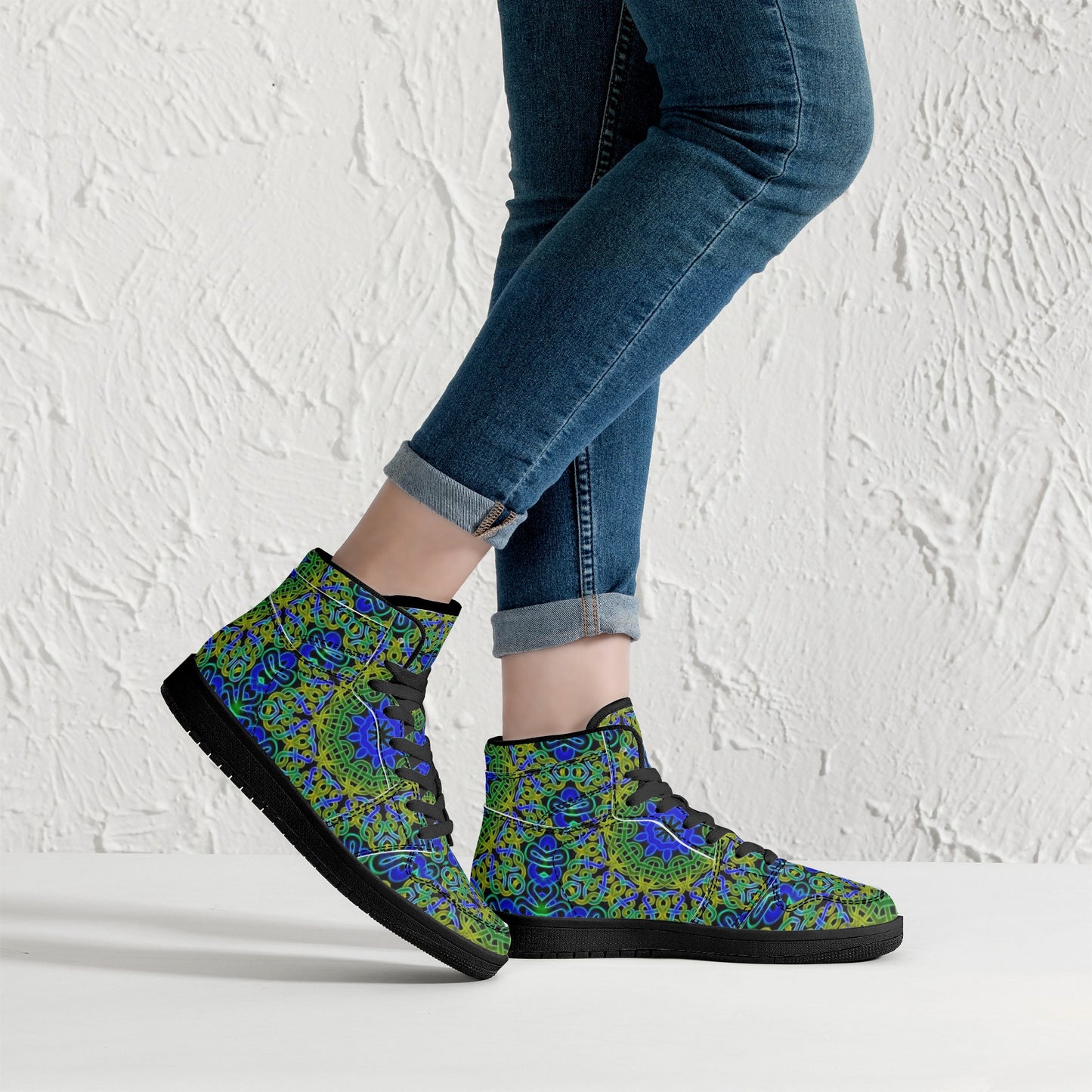 Blue Green Celtic Kaleidoscope Womens Black High Top Leather Sneakers