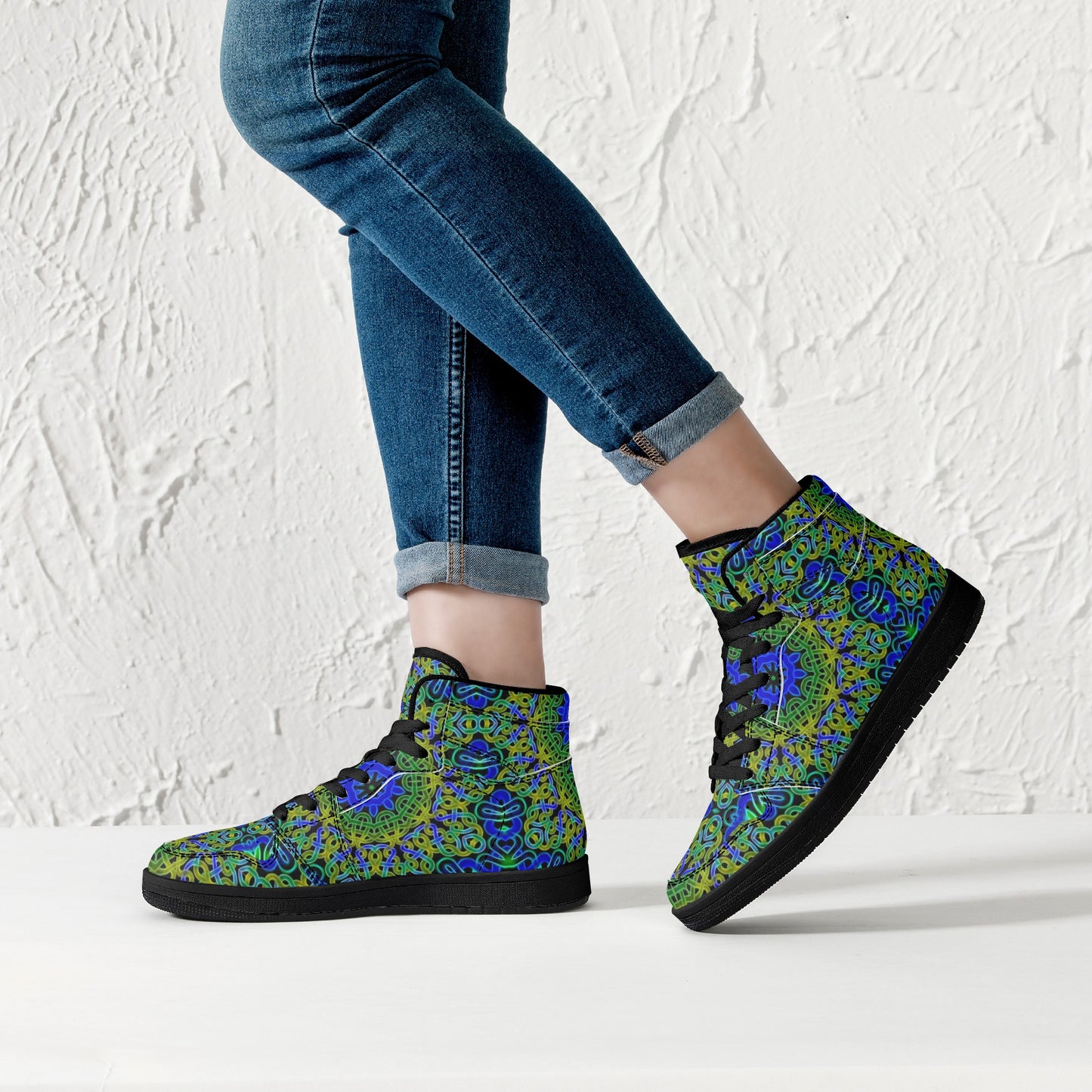 Blue Green Celtic Kaleidoscope Womens Black High Top Leather Sneakers