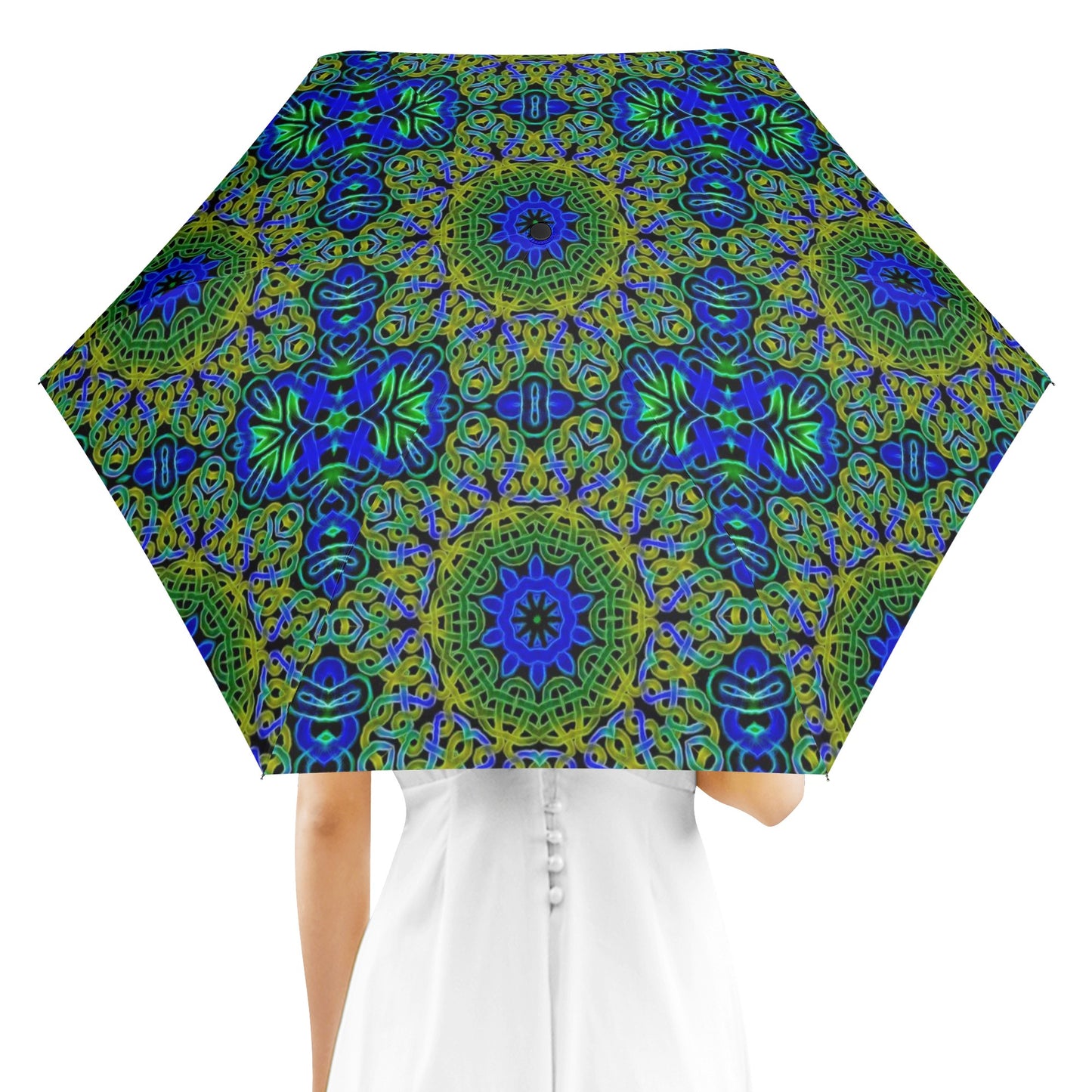 Blue Green Celtic Kaleidoscope Fully Auto Open & Close Umbrella Printing Outside