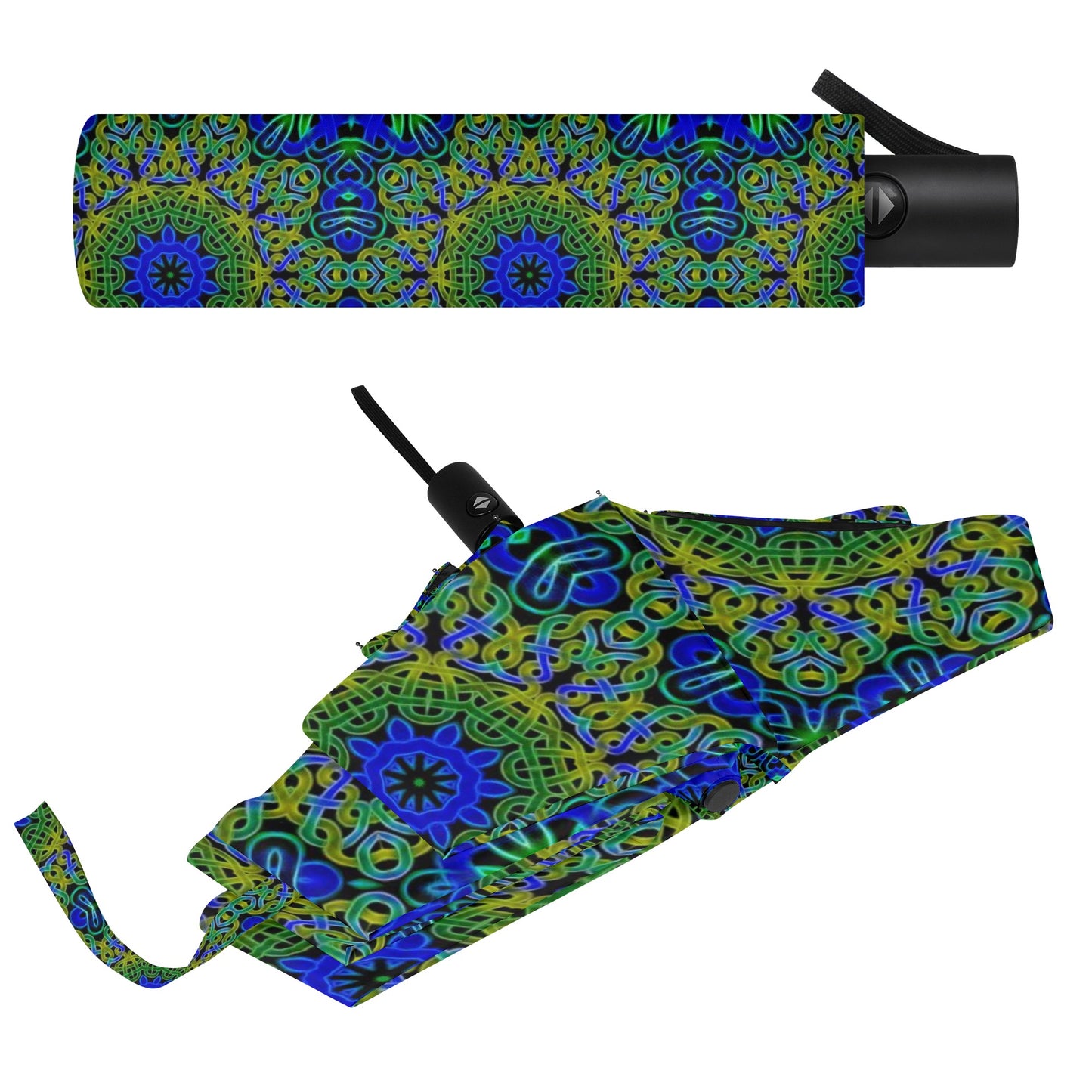 Blue Green Celtic Kaleidoscope Fully Auto Open & Close Umbrella Printing Outside