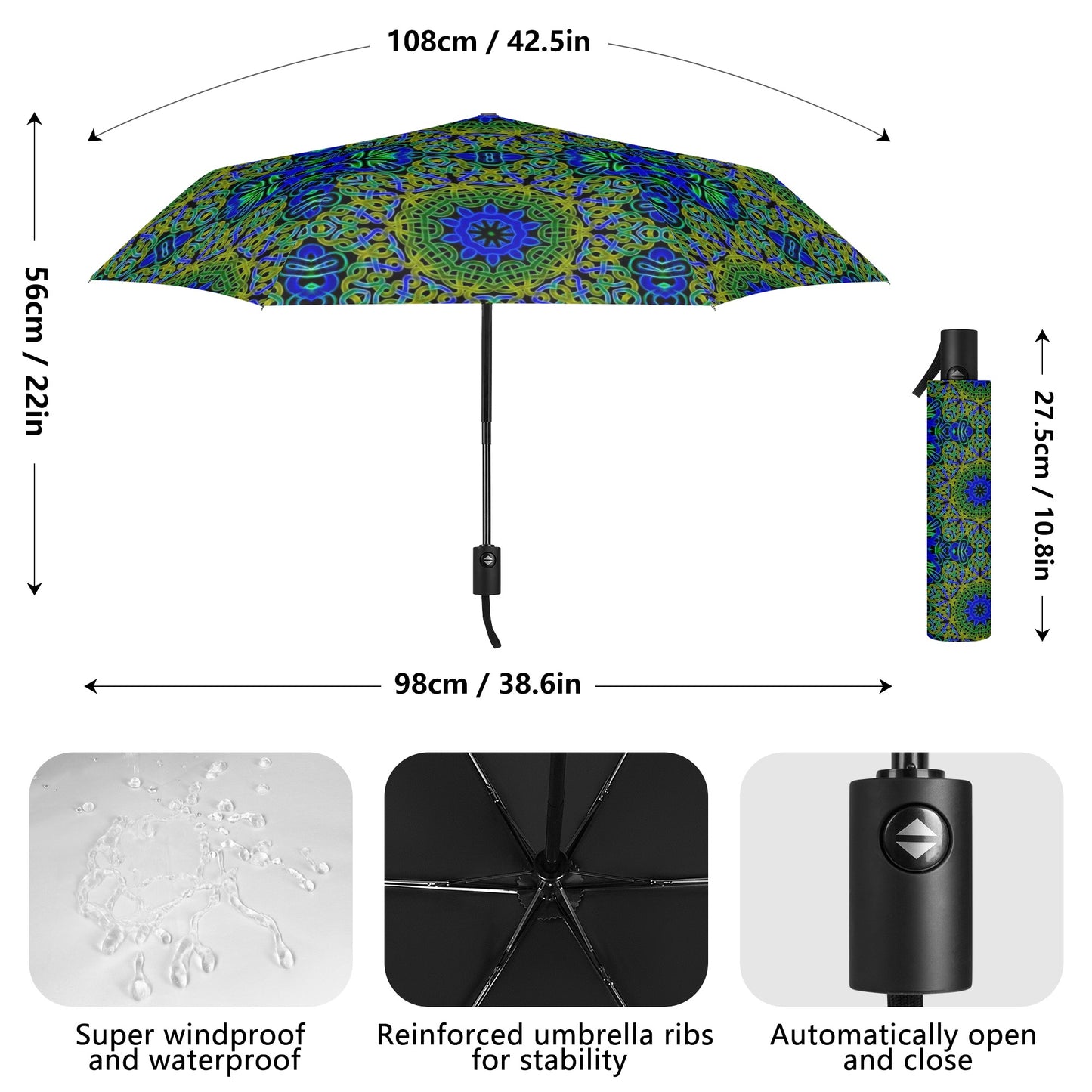 Blue Green Celtic Kaleidoscope Fully Auto Open & Close Umbrella Printing Outside