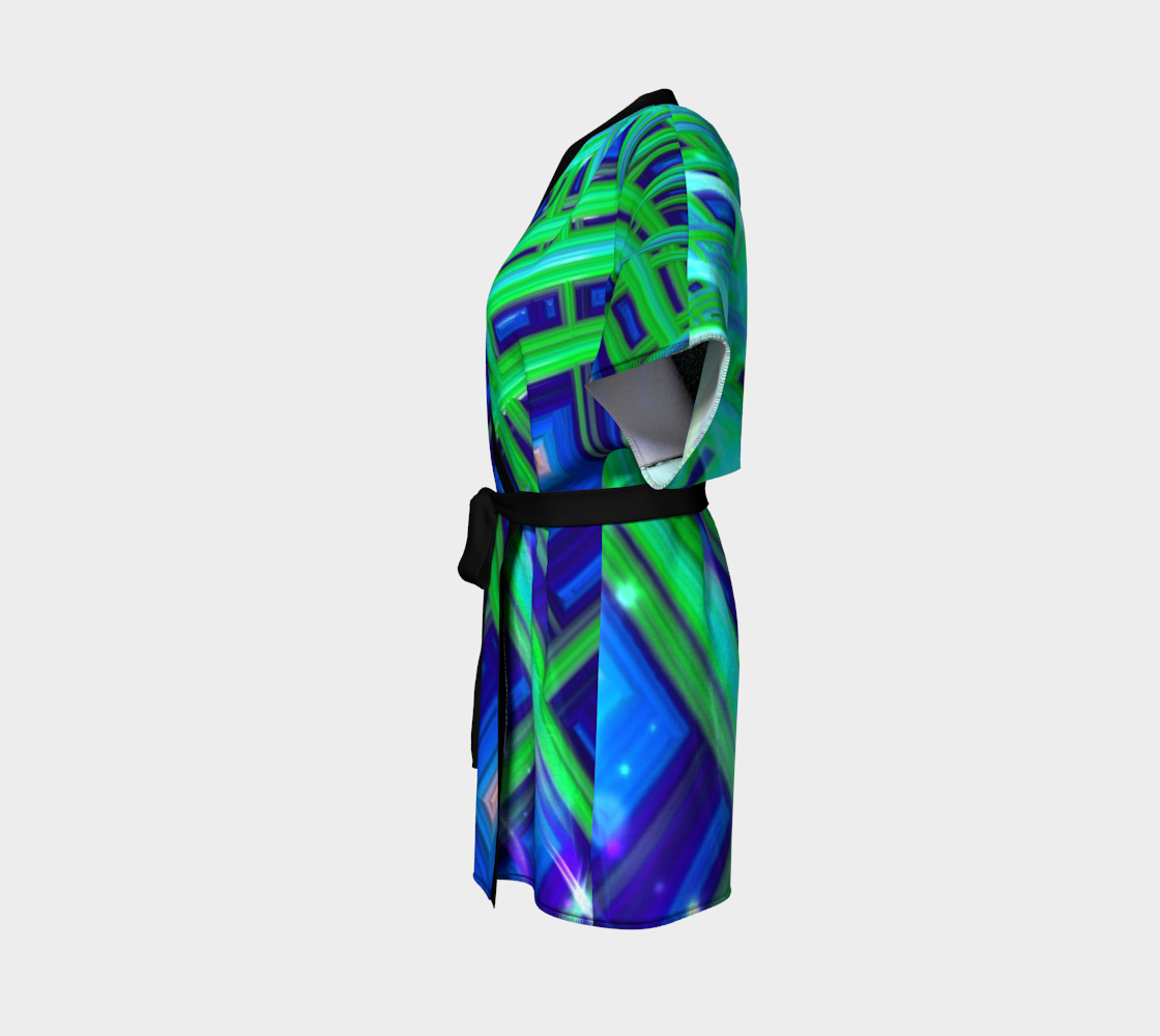 Green Blue Square Fractal Kimono Robe
