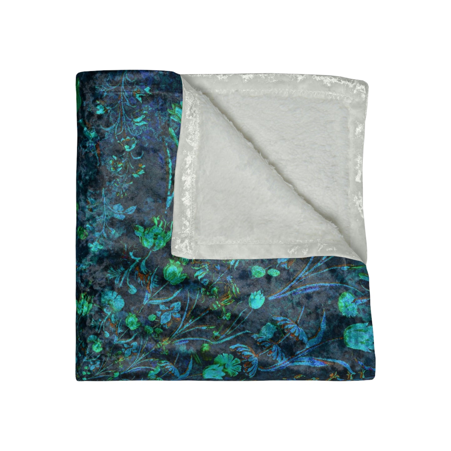 Blue Green Medieval Flowers Crushed Velvet Blanket