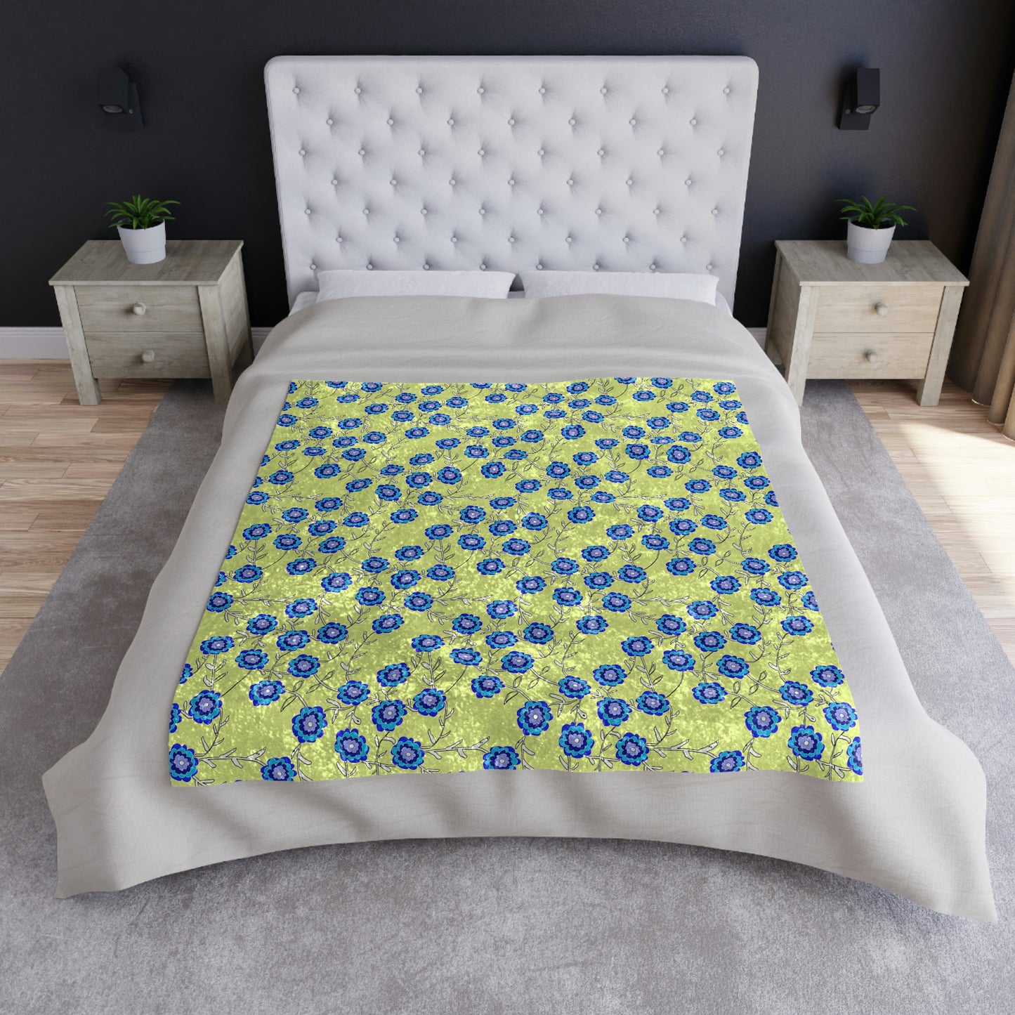 Blue Flowers on Yellow Crushed Velvet Blanket