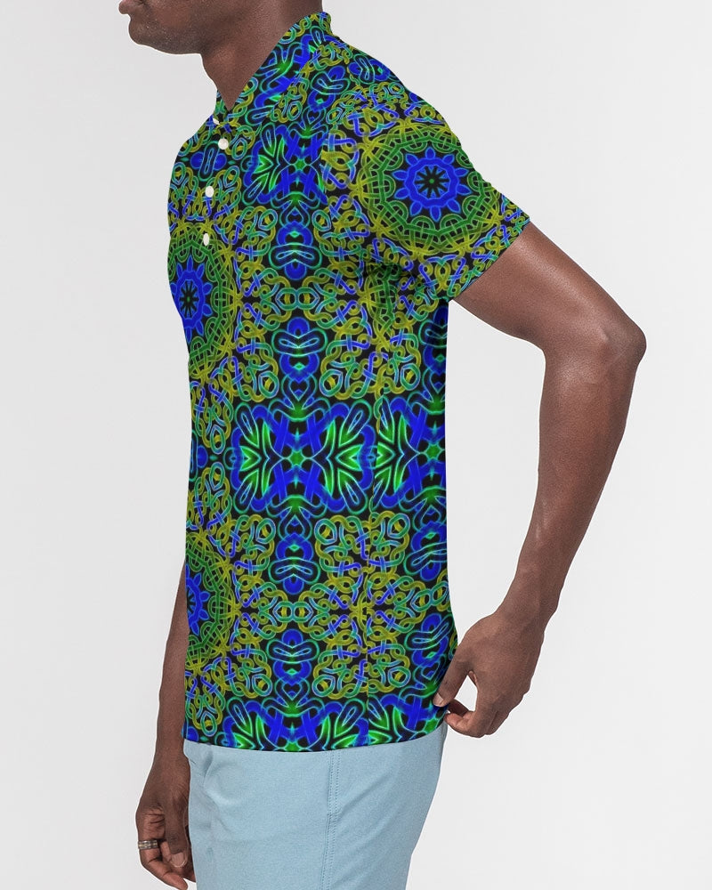 Blue Green Celtic Kaleidoscope Men's Slim Fit Short Sleeve Polo