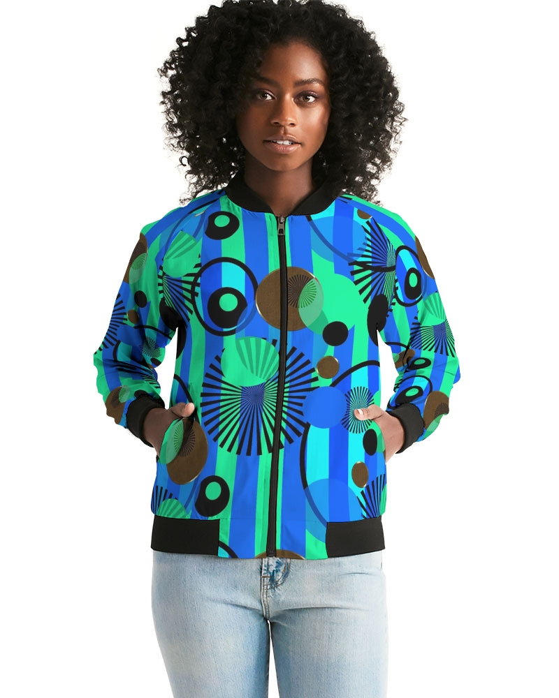 Blue Green Stripes and Dots Women's Bomber Jacket