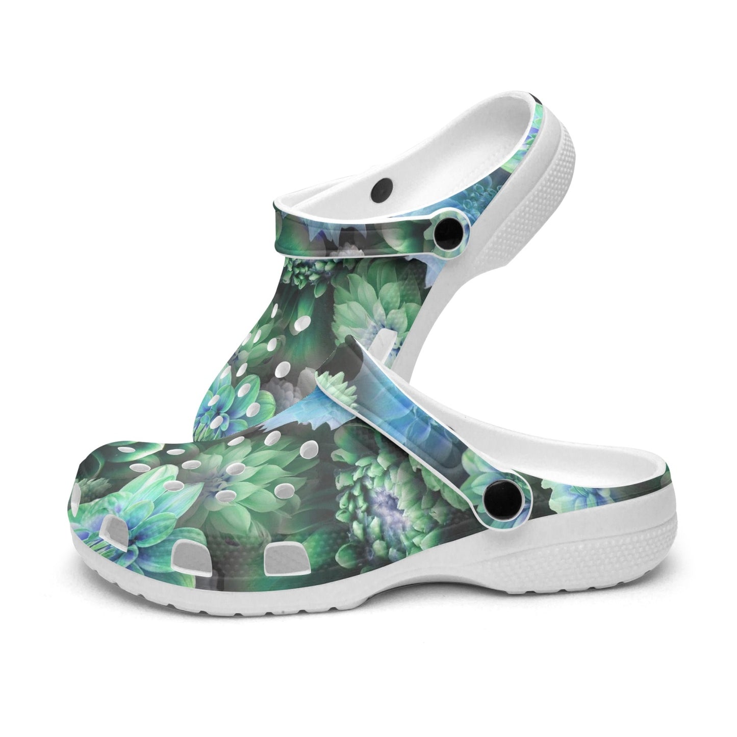 Blue Green Dahlias 413. All Over Printed Clogs