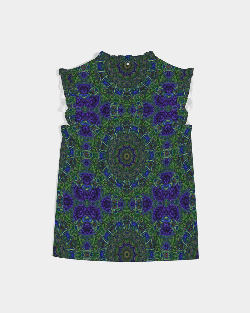 blue Green Ribbon Kaleidoscope Women's Ruffle Sleeve Top