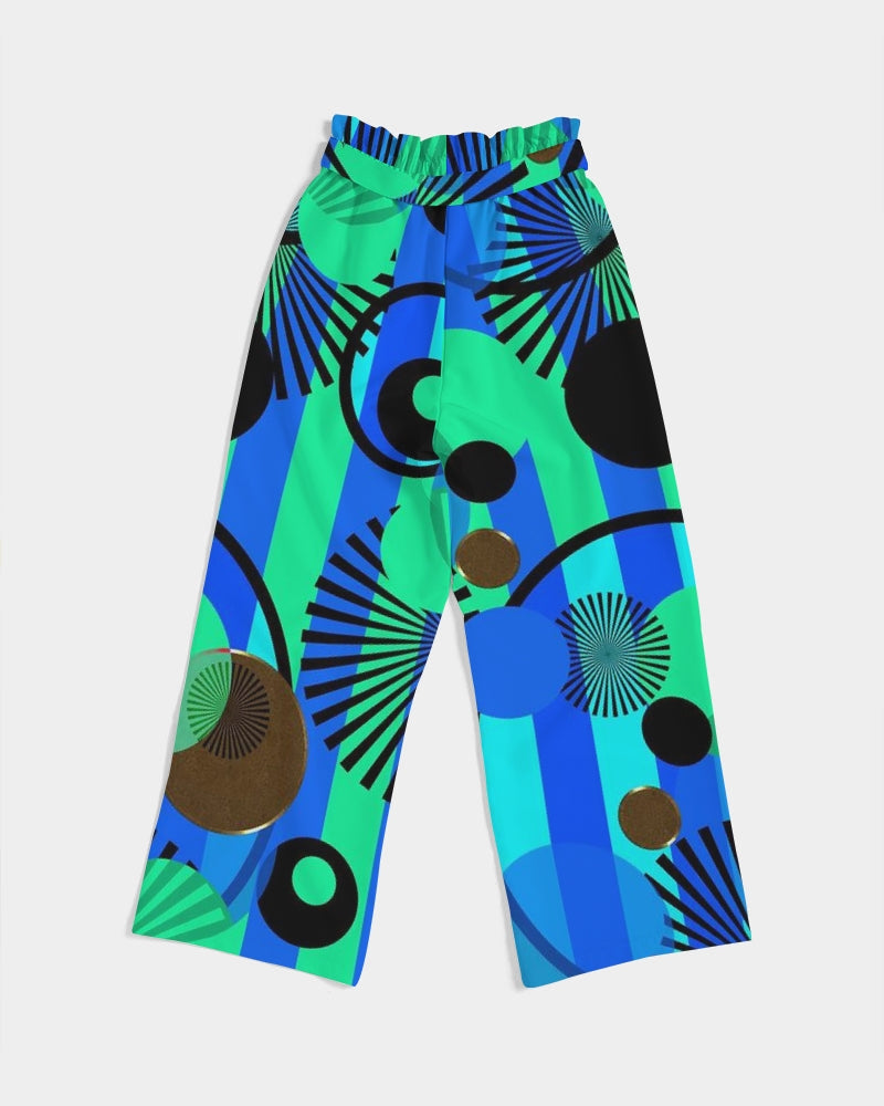 Blue Green Stripes and Dots Women's High-Rise Wide Leg Pants