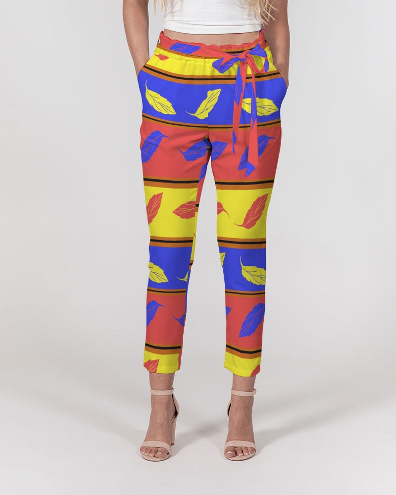 Red Yellow and Blue Leaf Stripes Women's Belted Tapered Pants