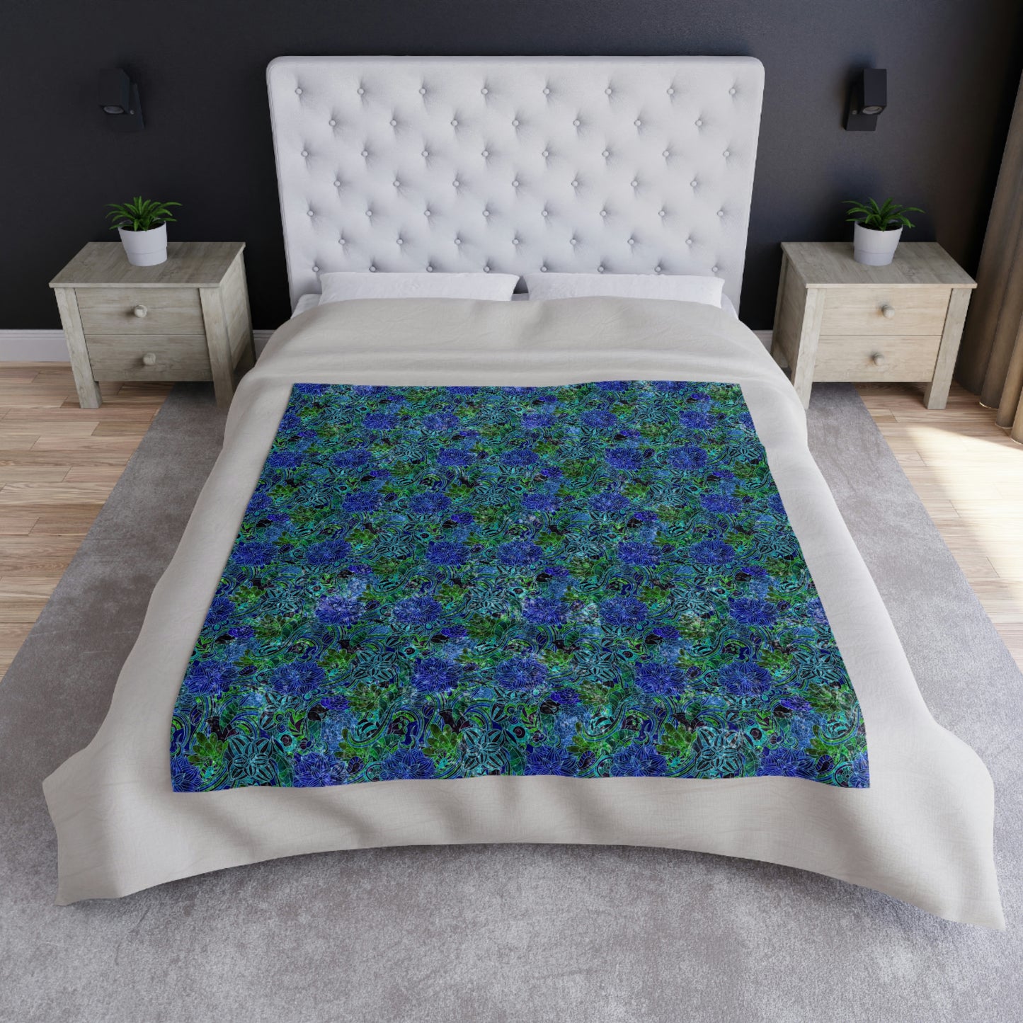 Blue Green Flower Pattern Crushed Velvet Blanket