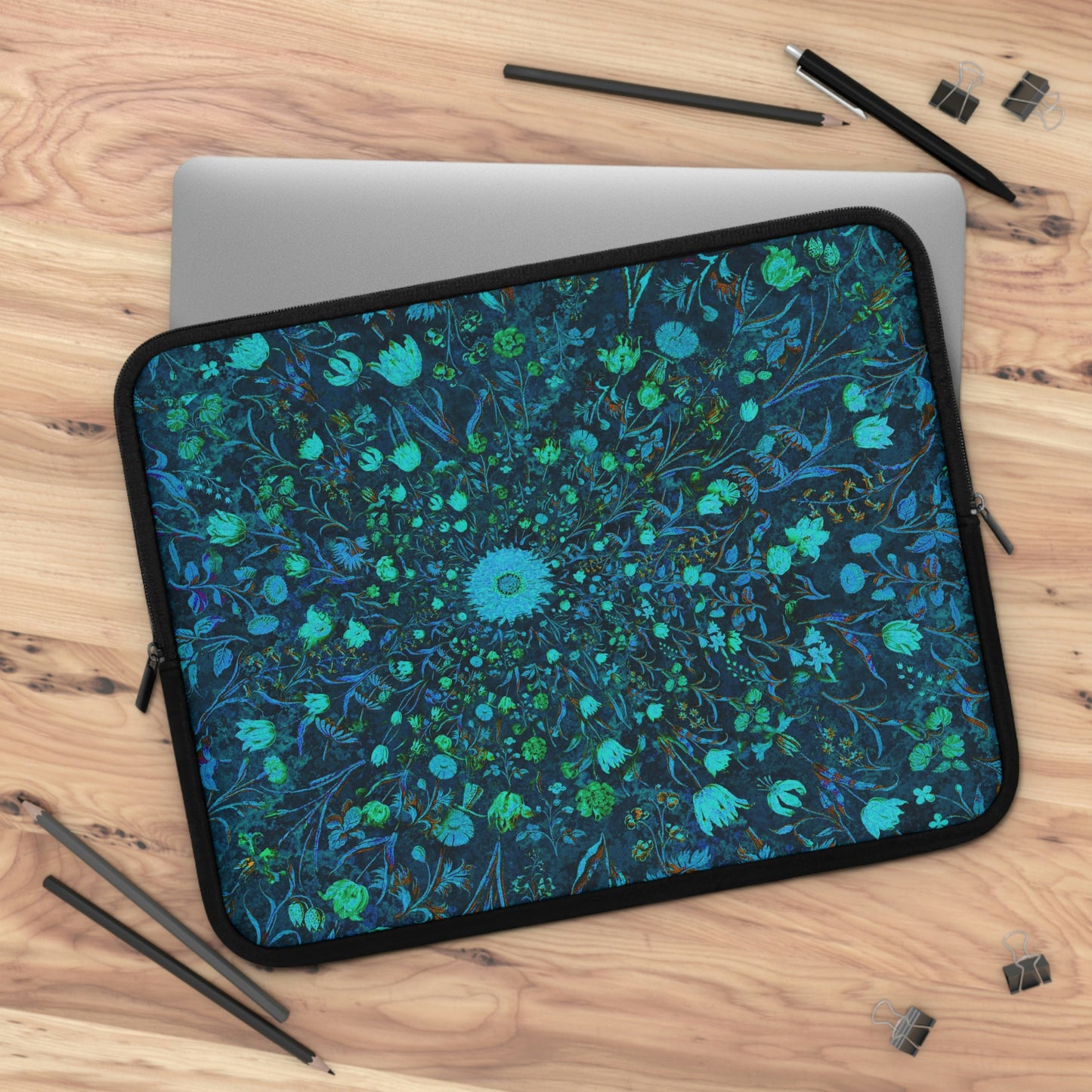 Blue Green Medieval Flowers Laptop Sleeve