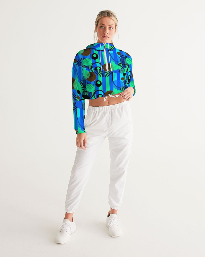 Blue Green Stripes and Dots Women's Cropped Windbreaker