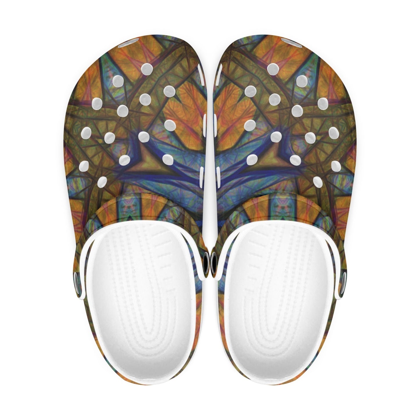 Blue Orange Sketch Kaleidoscope 413. All Over Printed Clogs