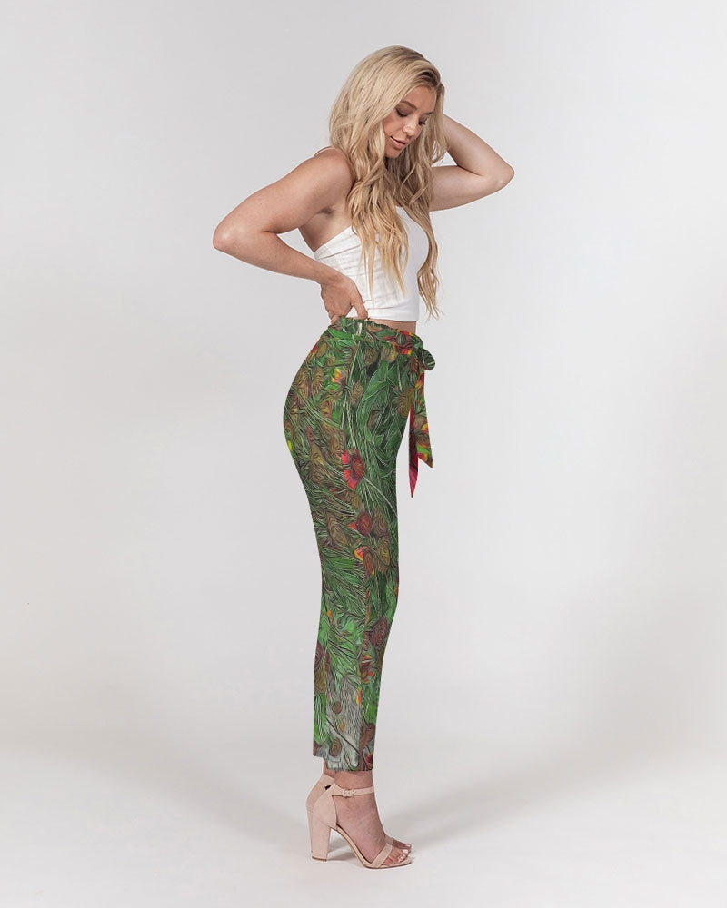 Orange Flower Garden Women's Belted Tapered Pants