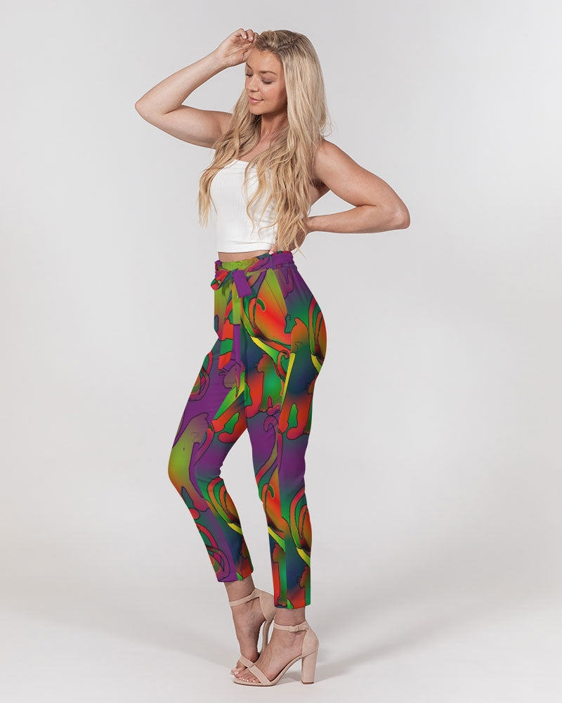 Abstract Rainbow Cats Pattern Women's Belted Tapered Pants