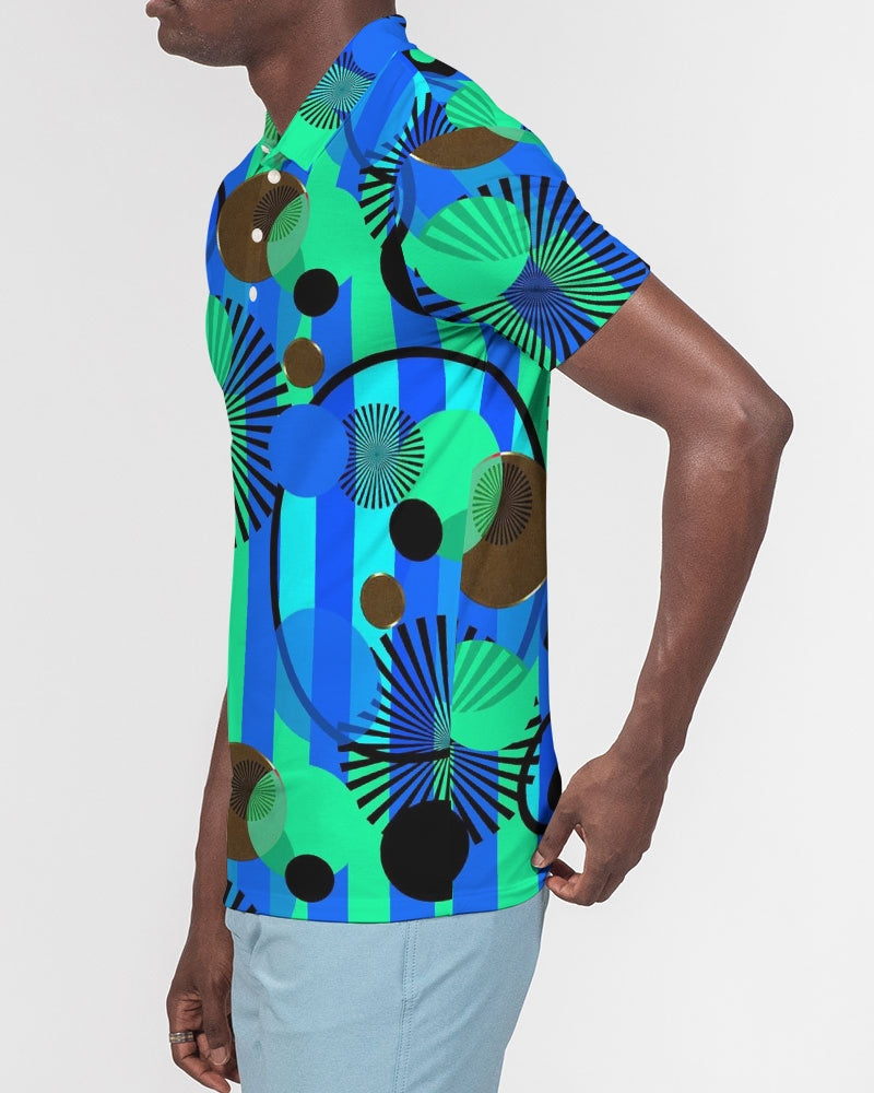 Blue Green Stripes and Dots Men's Slim Fit Short Sleeve Polo