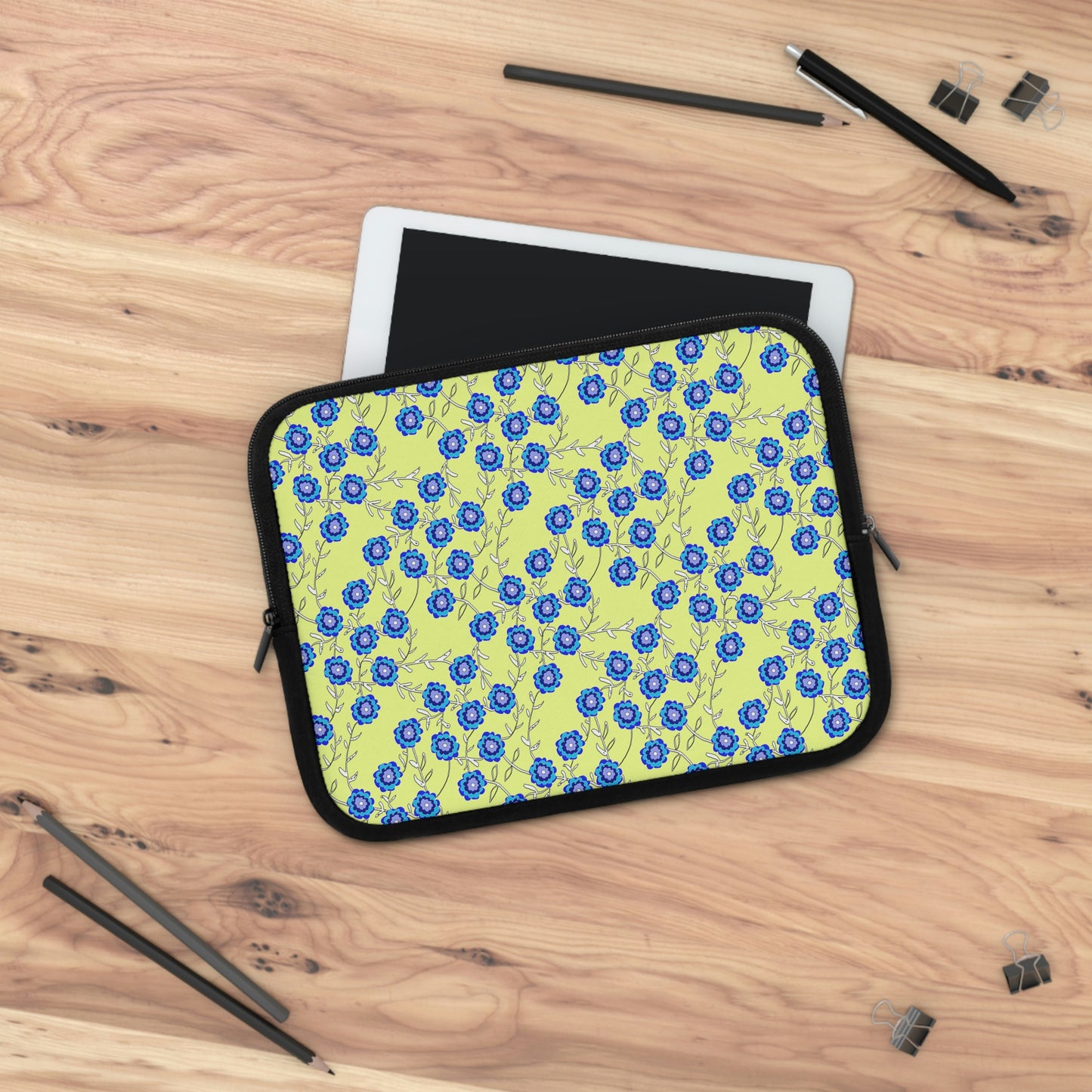Blue Flowers On Yellow Laptop Sleeve