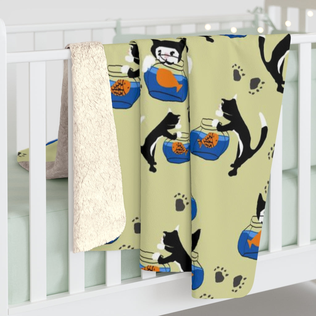 Cat and a Fishbowl Sherpa Fleece Blanket