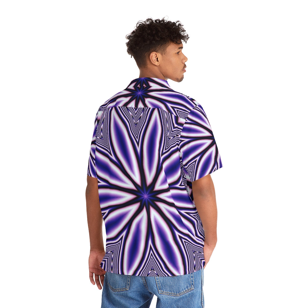 Blue Fractal Flower Kaleidoscope Men's Hawaiian Shirt (AOP)
