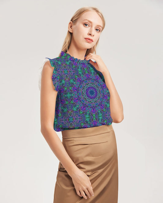 Blue Green Purple Kaleidoscope Women's Ruffle Sleeve Top