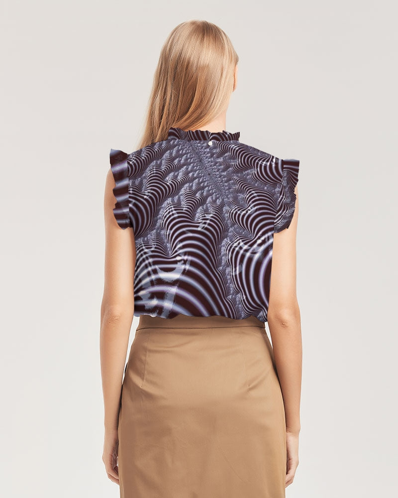 Black and White Spiral Fractal Women's Ruffle Sleeve Top