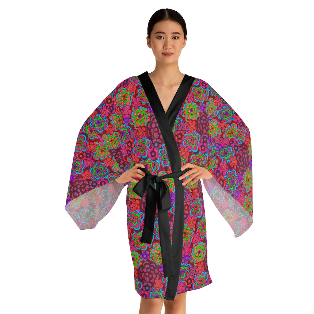 Pink Striped Flower Pattern Long Sleeve Kimono Robe