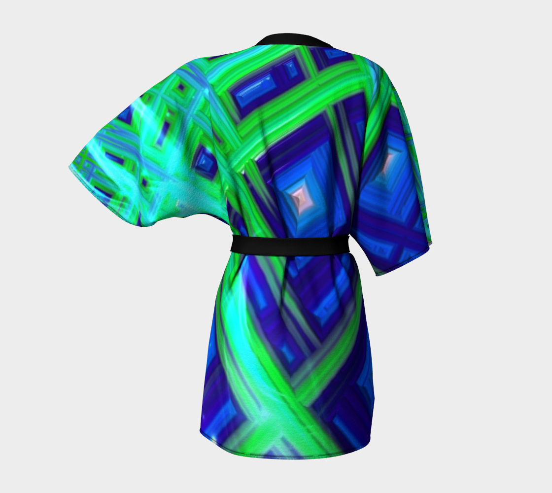 Green Blue Square Fractal Kimono Robe