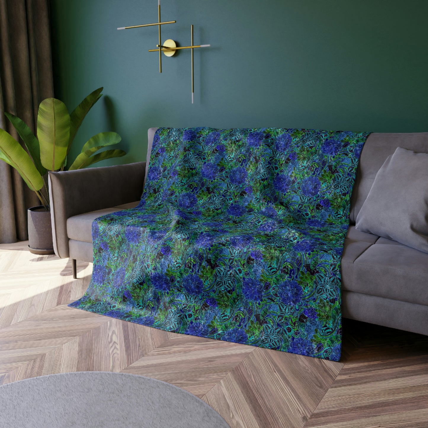 Blue Green Flower Pattern Crushed Velvet Blanket