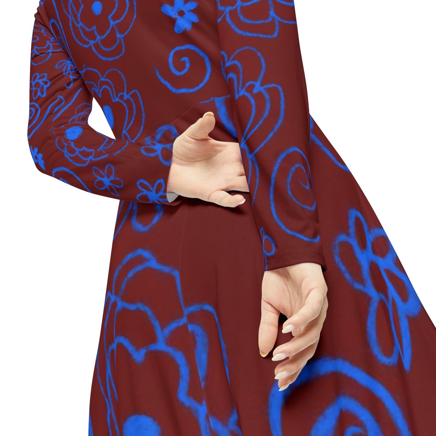 Blue Flower Drawing Women's Long Sleeve Dance Dress