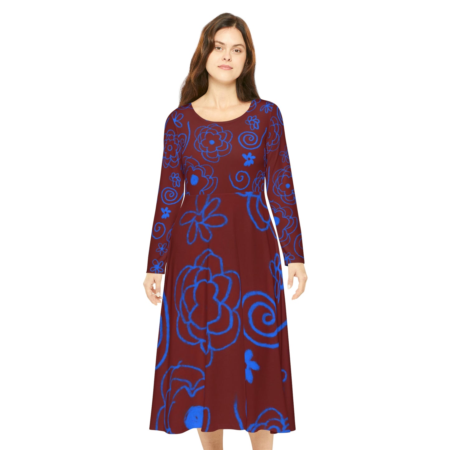 Blue Flower Drawing Women's Long Sleeve Dance Dress