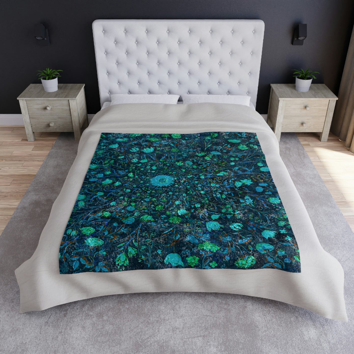 Blue Green Medieval Flowers Crushed Velvet Blanket
