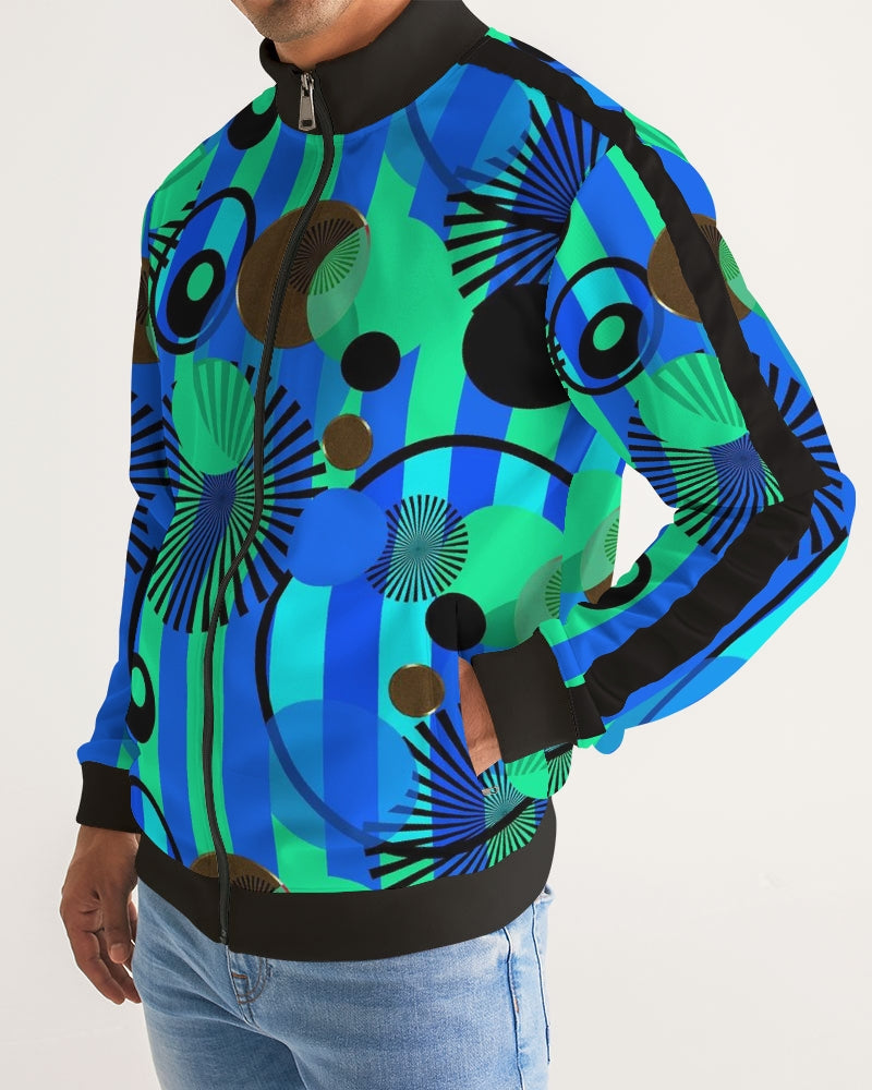 Blue Green Stripes and Dots Men's Stripe-Sleeve Track Jacket