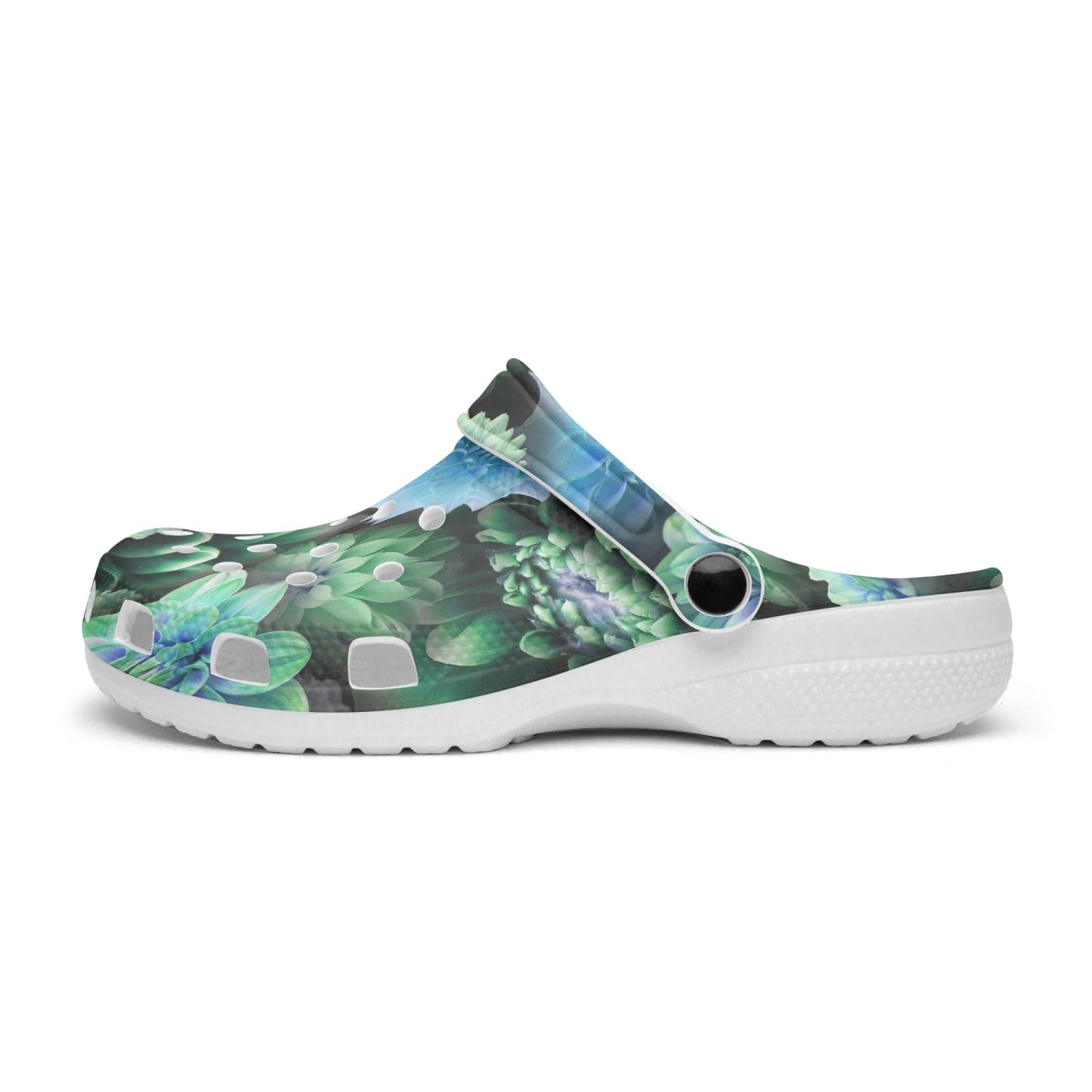 Blue Green Dahlias 413. All Over Printed Clogs