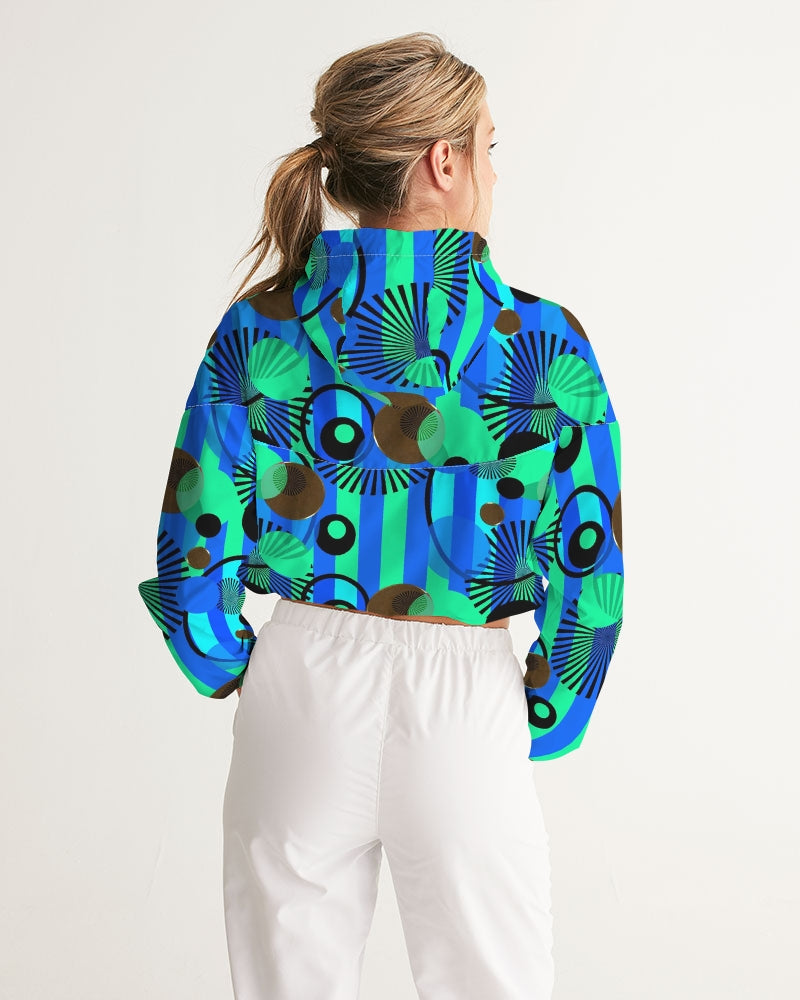 Blue Green Stripes and Dots Women's Cropped Windbreaker