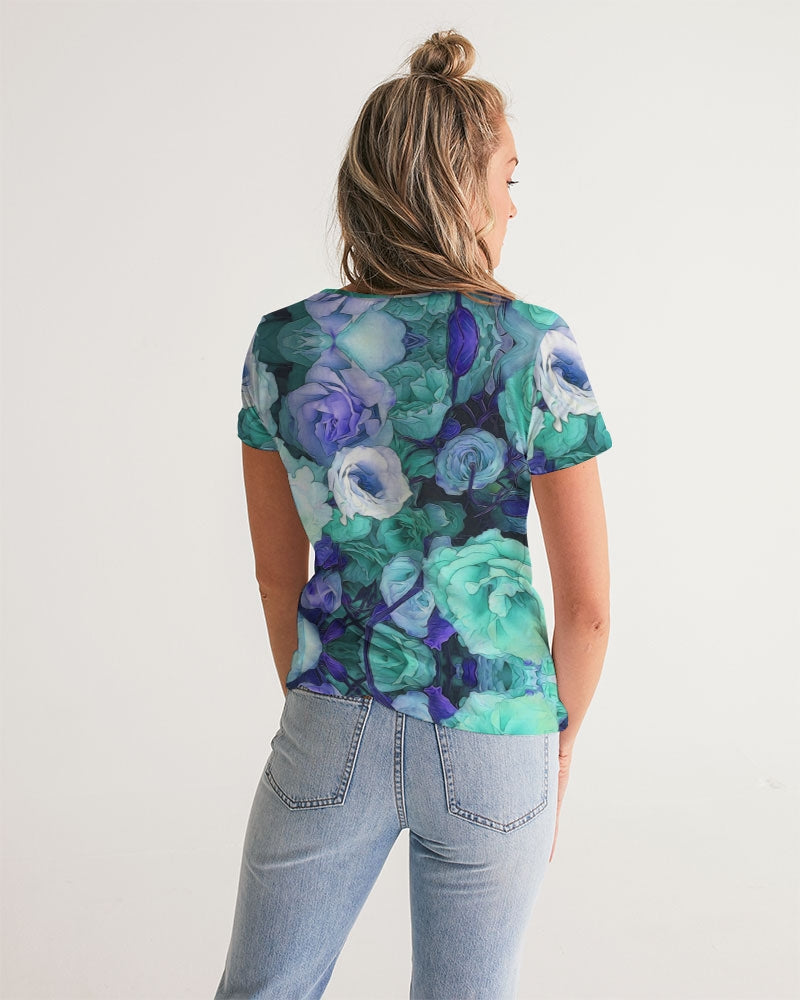 Aqua Flowers Women's V-Neck Tee