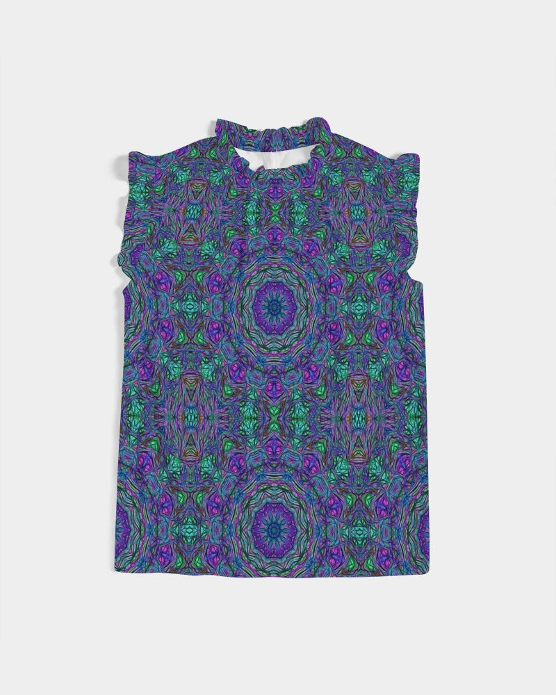 Blue Green Purple Kaleidoscope Women's Ruffle Sleeve Top