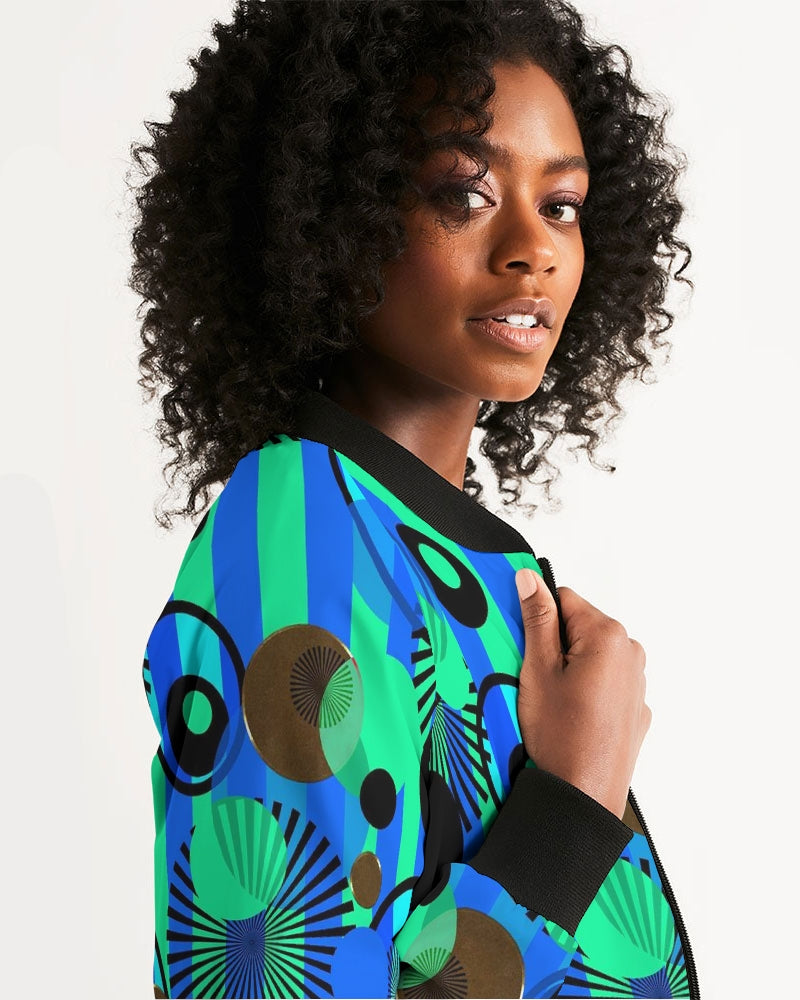 Blue Green Stripes and Dots Women's Bomber Jacket