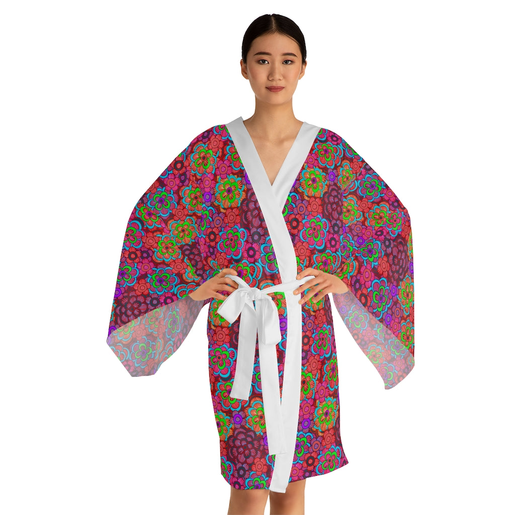 Pink Striped Flower Pattern Long Sleeve Kimono Robe