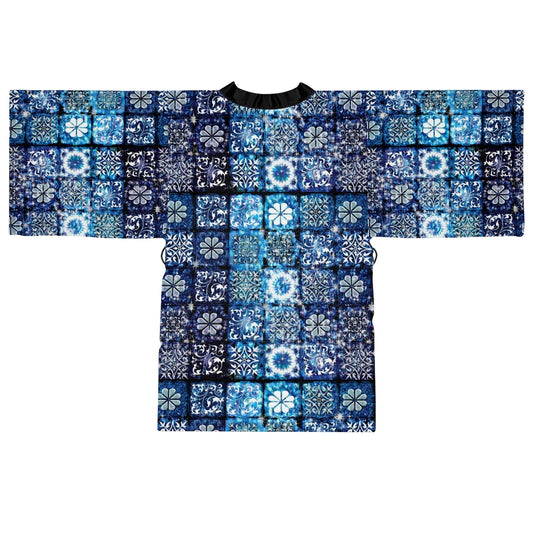 Blue Ice Crystals Motif Long Sleeve Kimono Robe