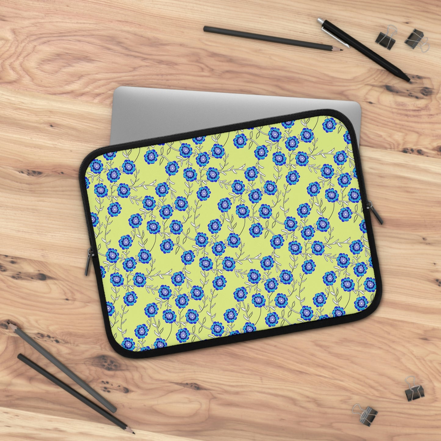 Blue Flowers On Yellow Laptop Sleeve