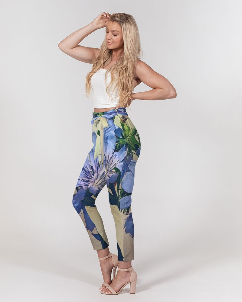 Blue Wildflowers Women's Belted Tapered Pants