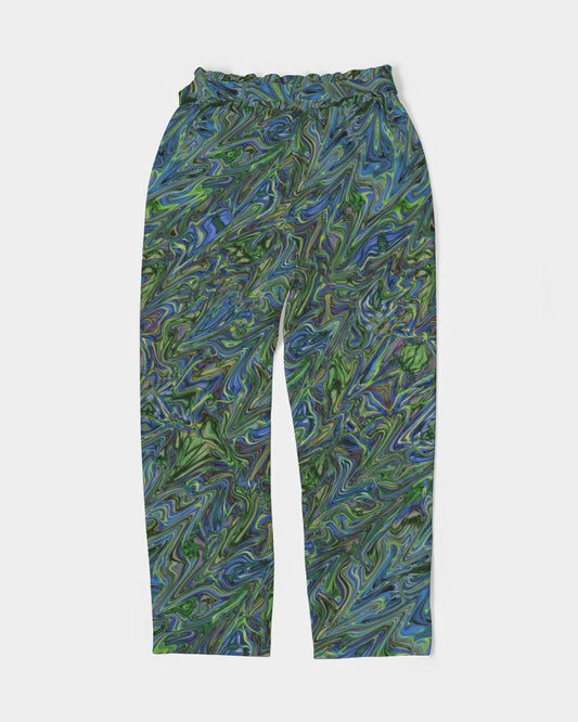 Blue Green Liquid Marbling Women's Belted Tapered Pants