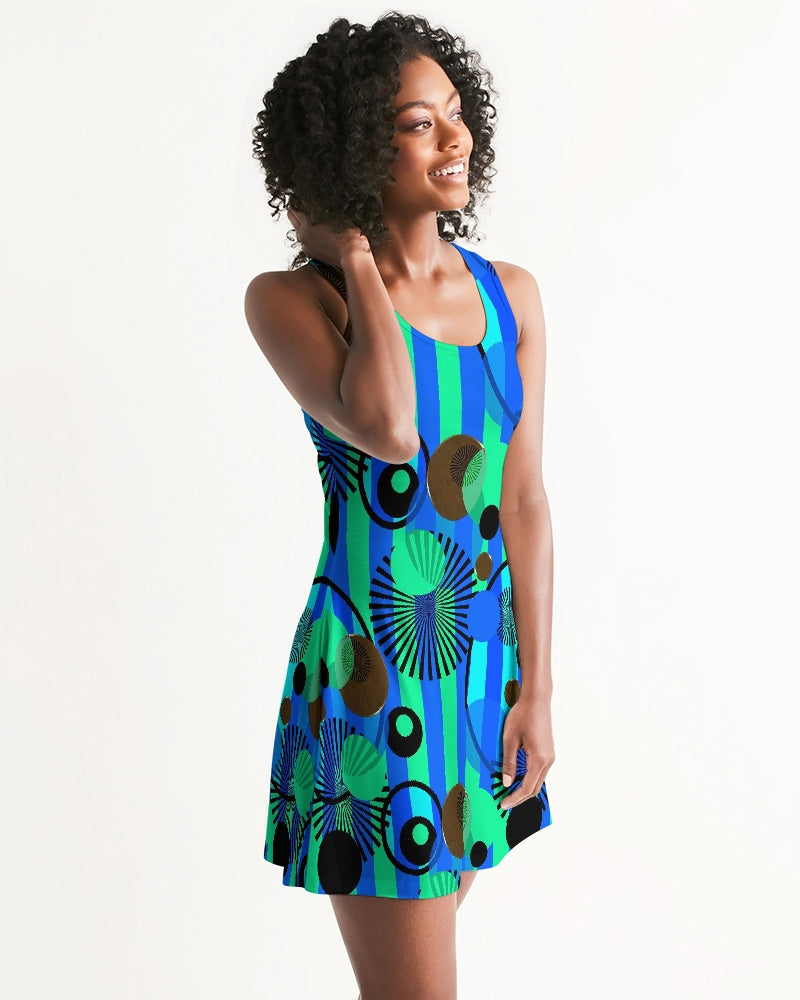 Blue Green Stripes and Dots Women's Racerback Dress