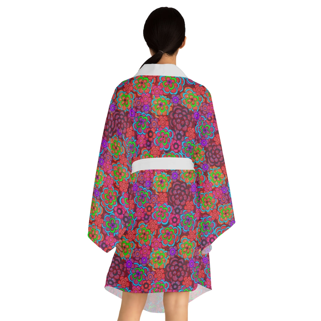 Pink Striped Flower Pattern Long Sleeve Kimono Robe