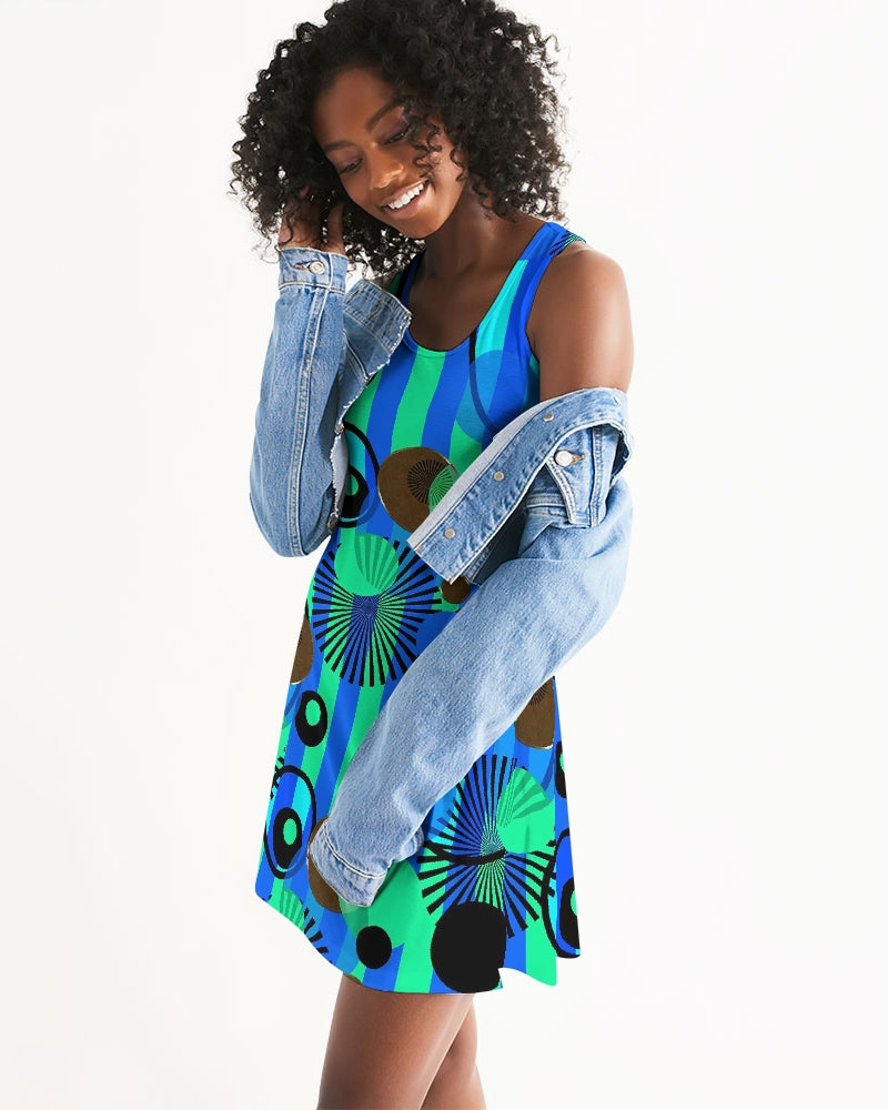 Blue Green Stripes and Dots Women's Racerback Dress