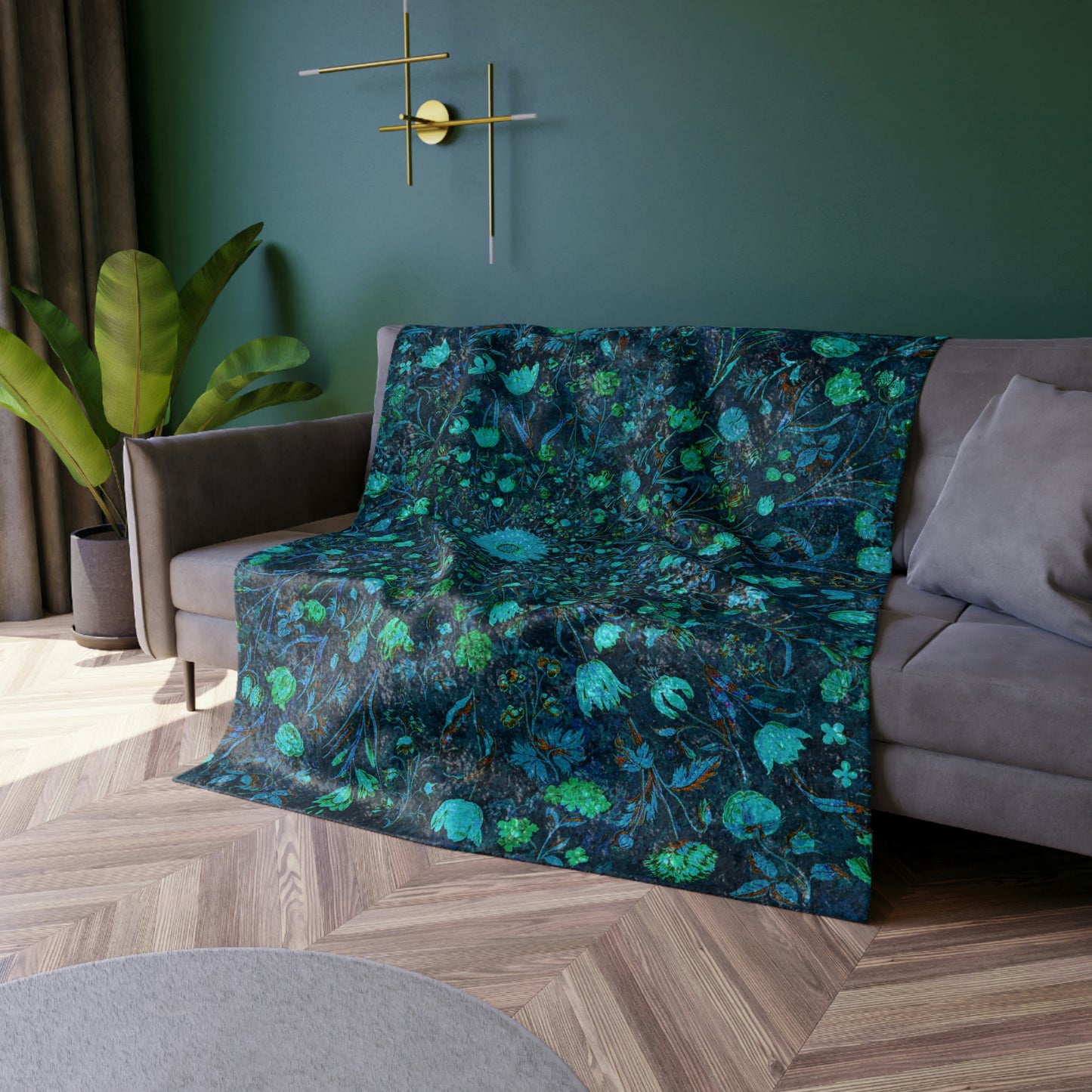 Blue Green Medieval Flowers Crushed Velvet Blanket