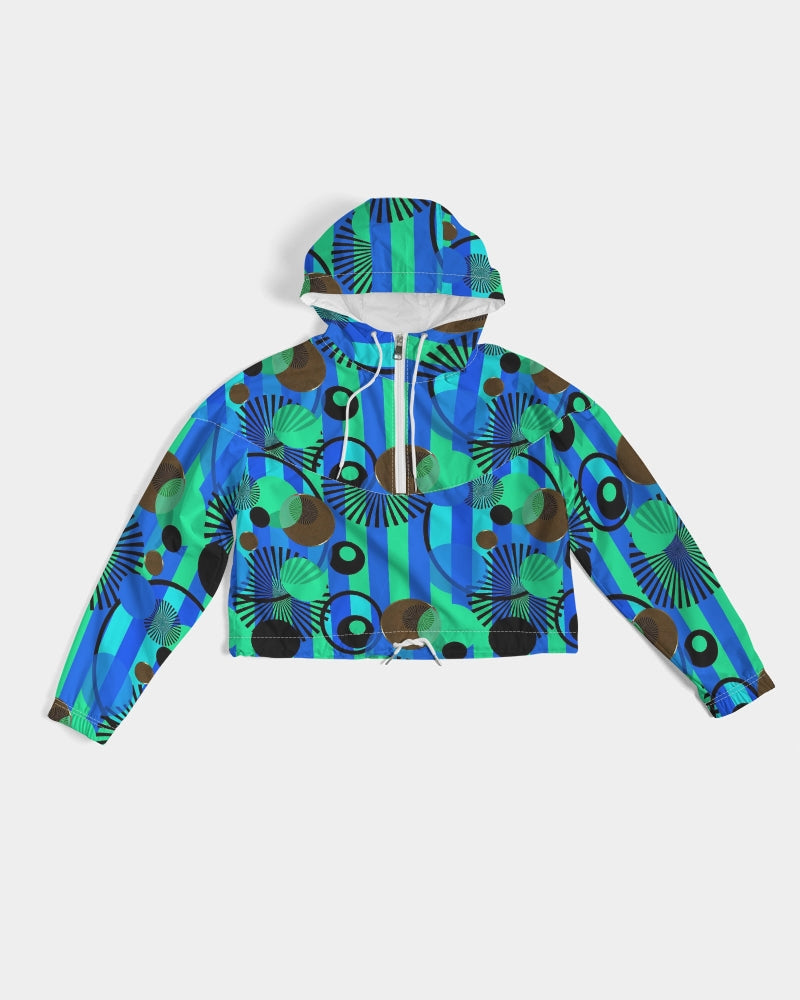 Blue Green Stripes and Dots Women's Cropped Windbreaker