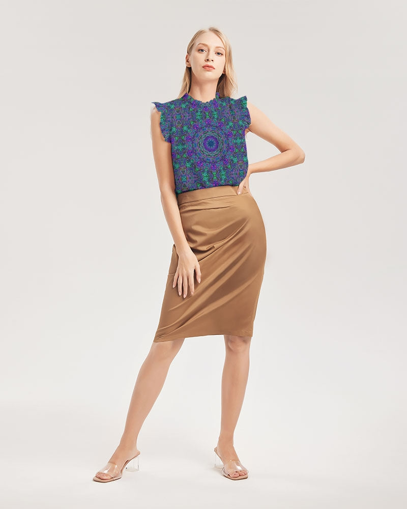 Blue Green Purple Kaleidoscope Women's Ruffle Sleeve Top
