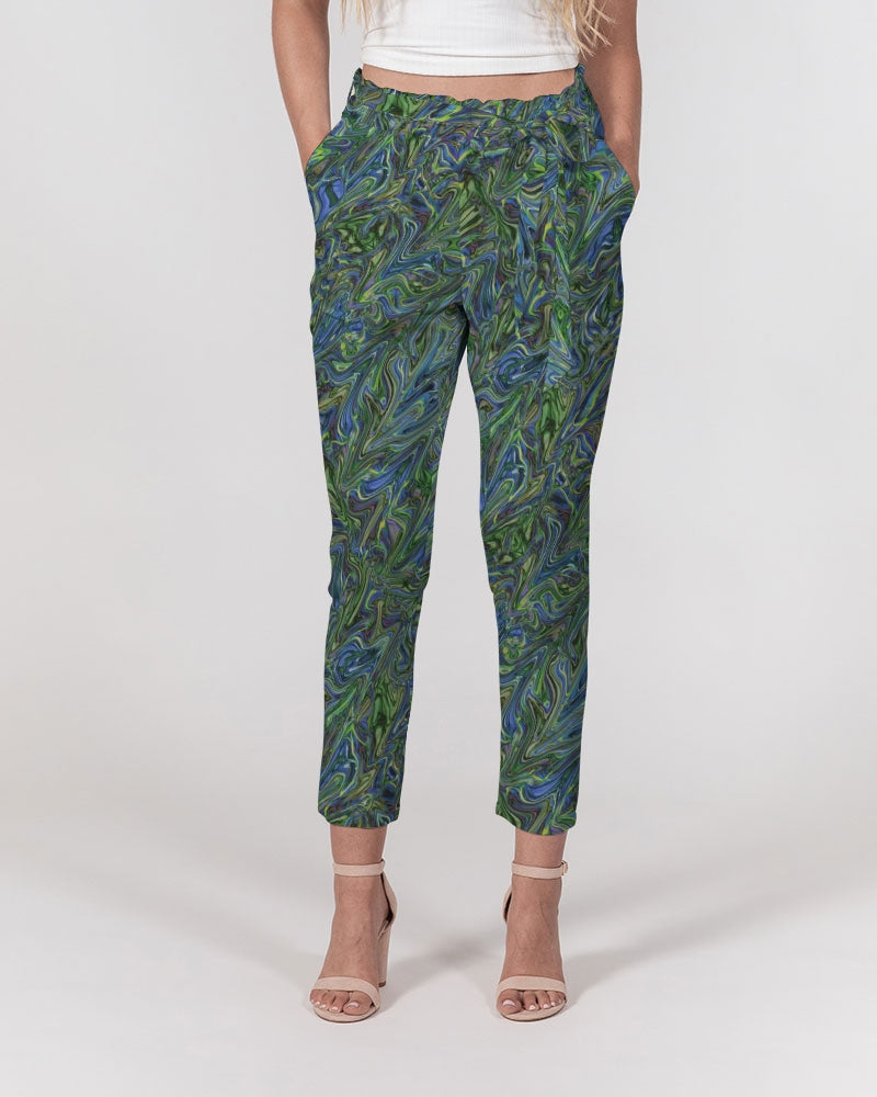 Blue Green Liquid Marbling Women's Belted Tapered Pants